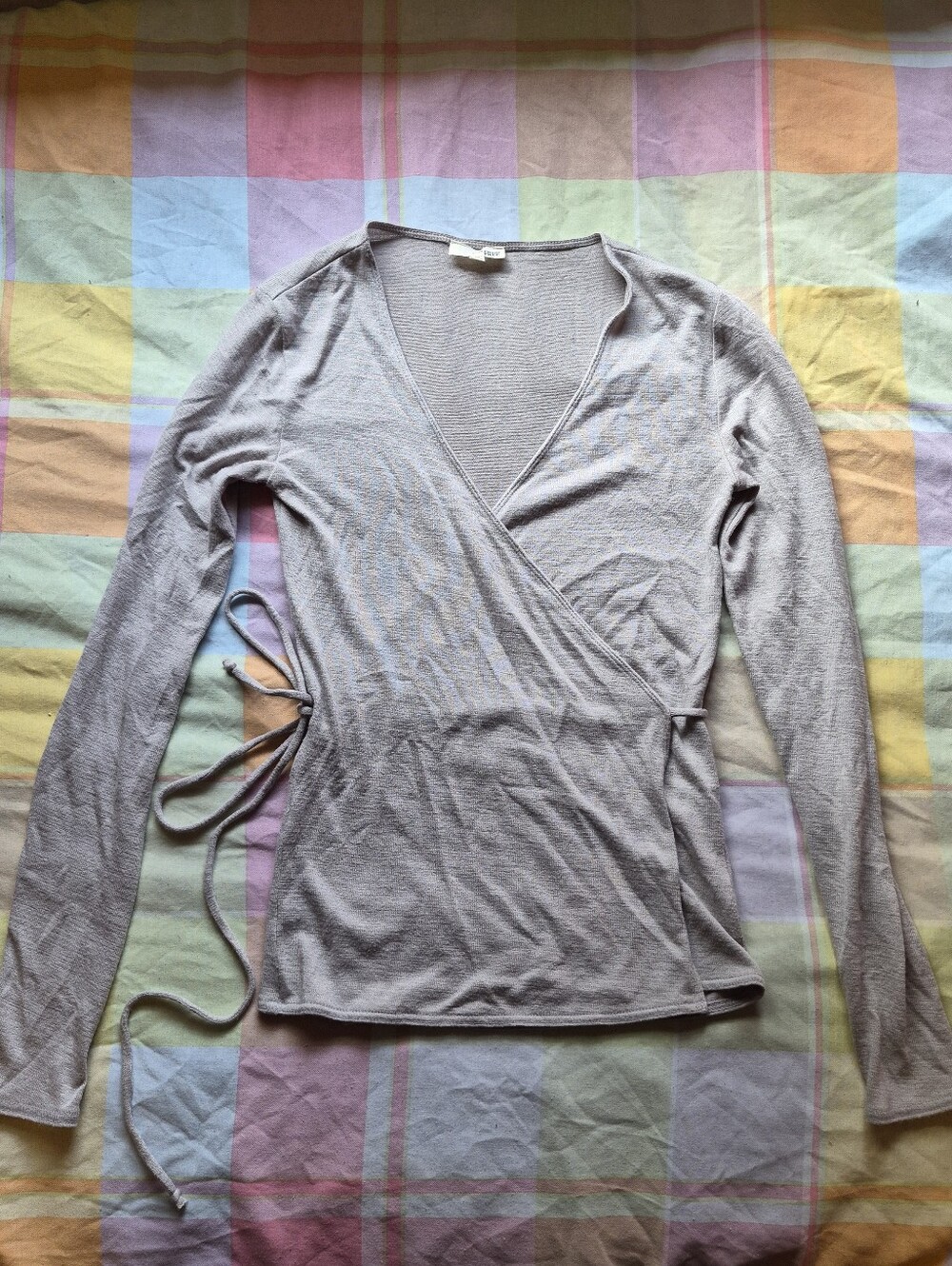Aritzia Light Gray Wrap-Front Long Sleeve Top